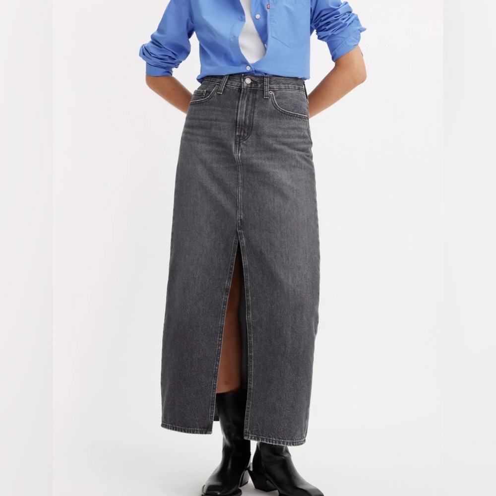Levi's Ankle Column Denim Skirt Front Slit Black Gray Size 30 - Picture 17 of 17